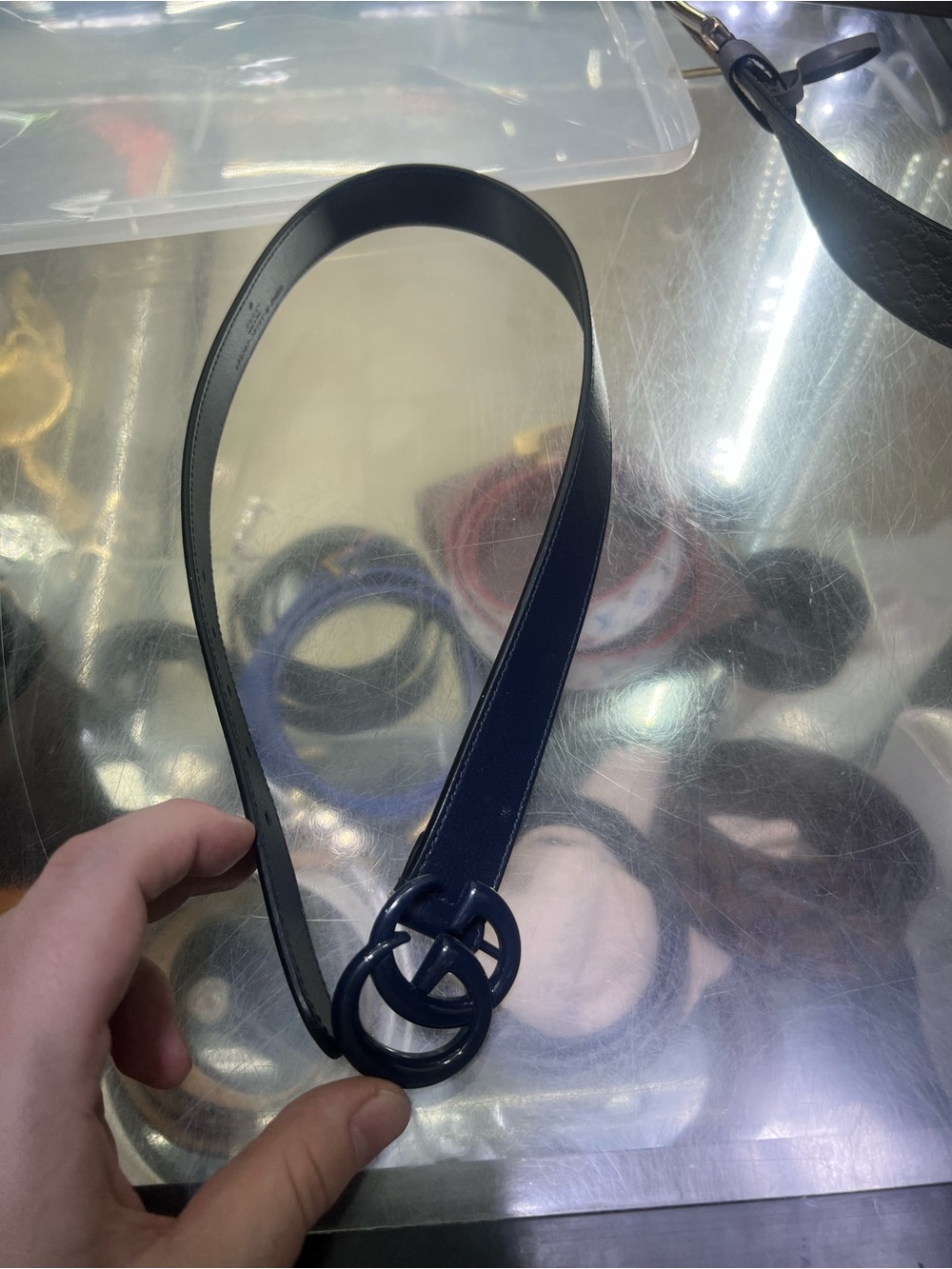 Gucci Navy Leather Kids Belt with Interlocking Double-G Buckle